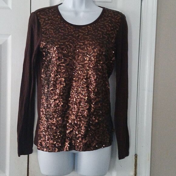 Michael Michael Kors brown sequin front long sleeve top Sz S - Picture 1 of 6
